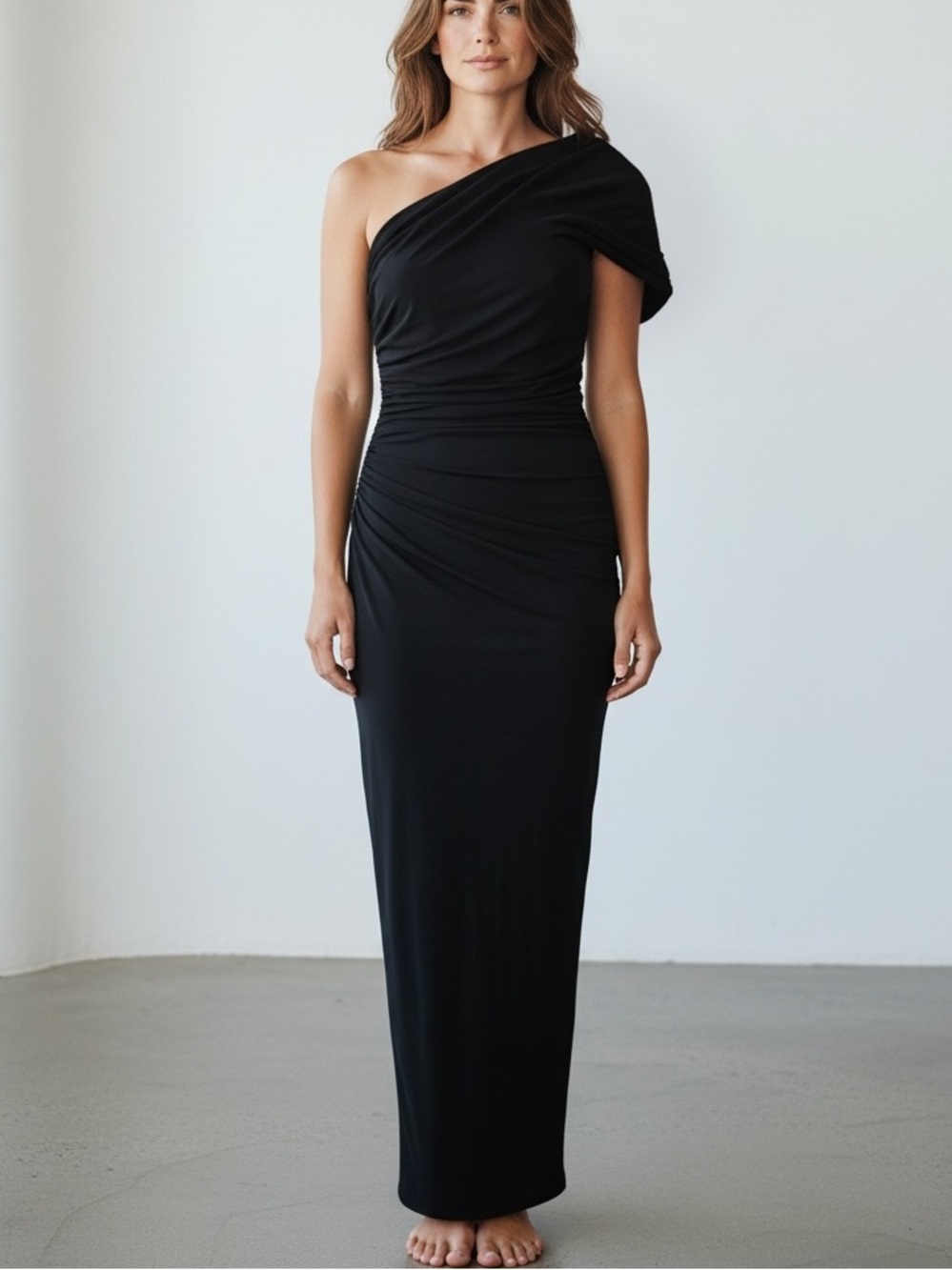 ATLEIN Chic Draped One Shoulder Black Dress